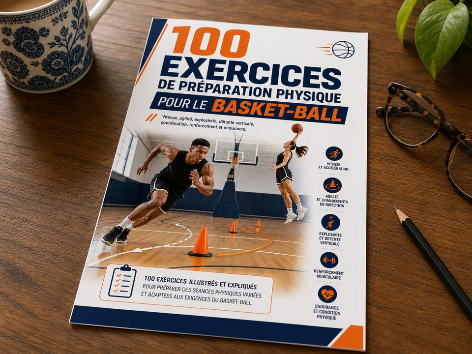 Exercices de préparation physique imprimés en format A4 sur une table à côté d’un téléphone
