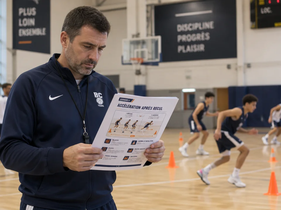 Un entraîneur lit les fiches imprimées pendant l’entraînement